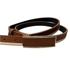 Brown and Cream Faux Leather Belt Thin Gold Tone Buckle 14" Long